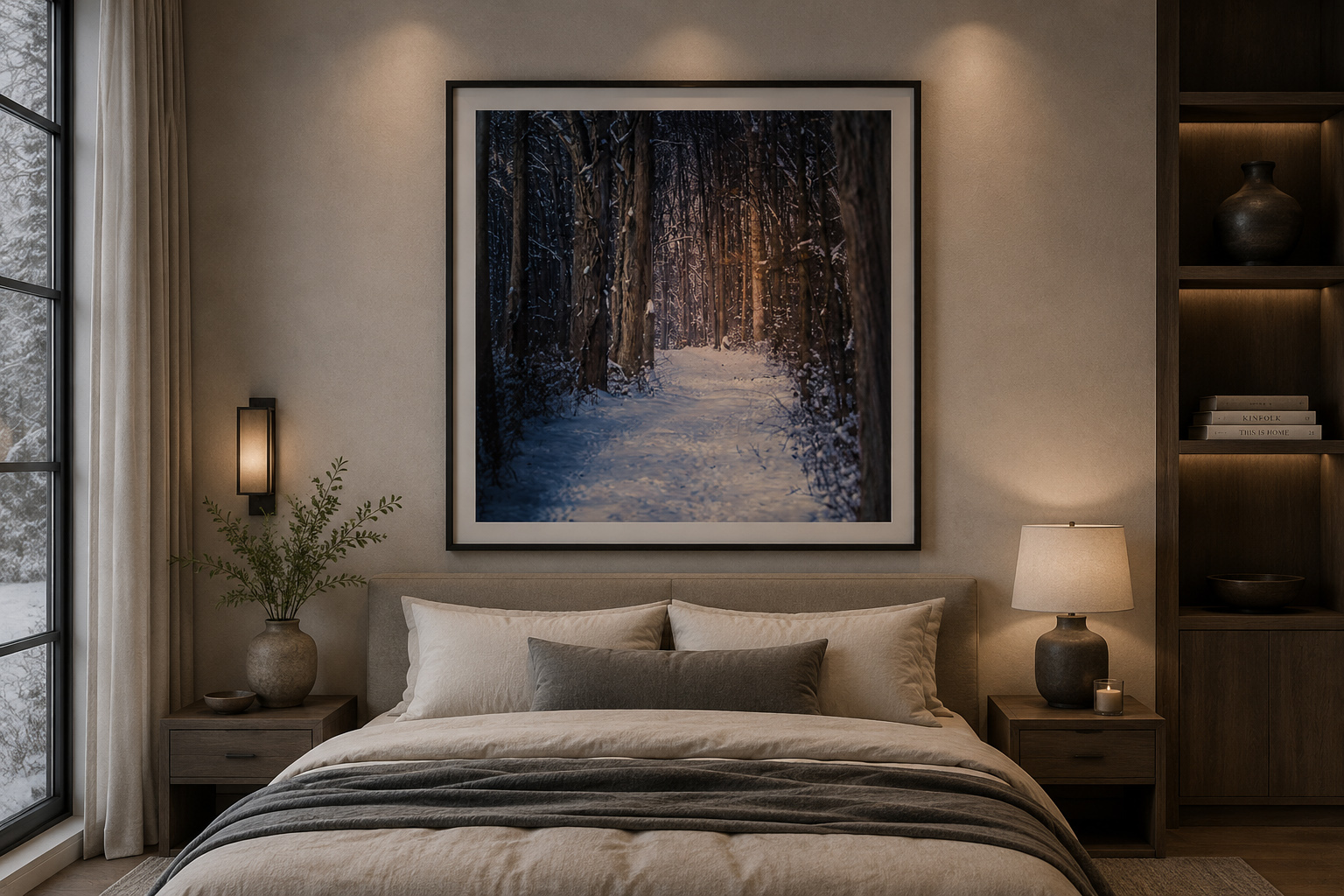 Black and white winter fence photography in hospitality guest room mockup by Dan Sproul